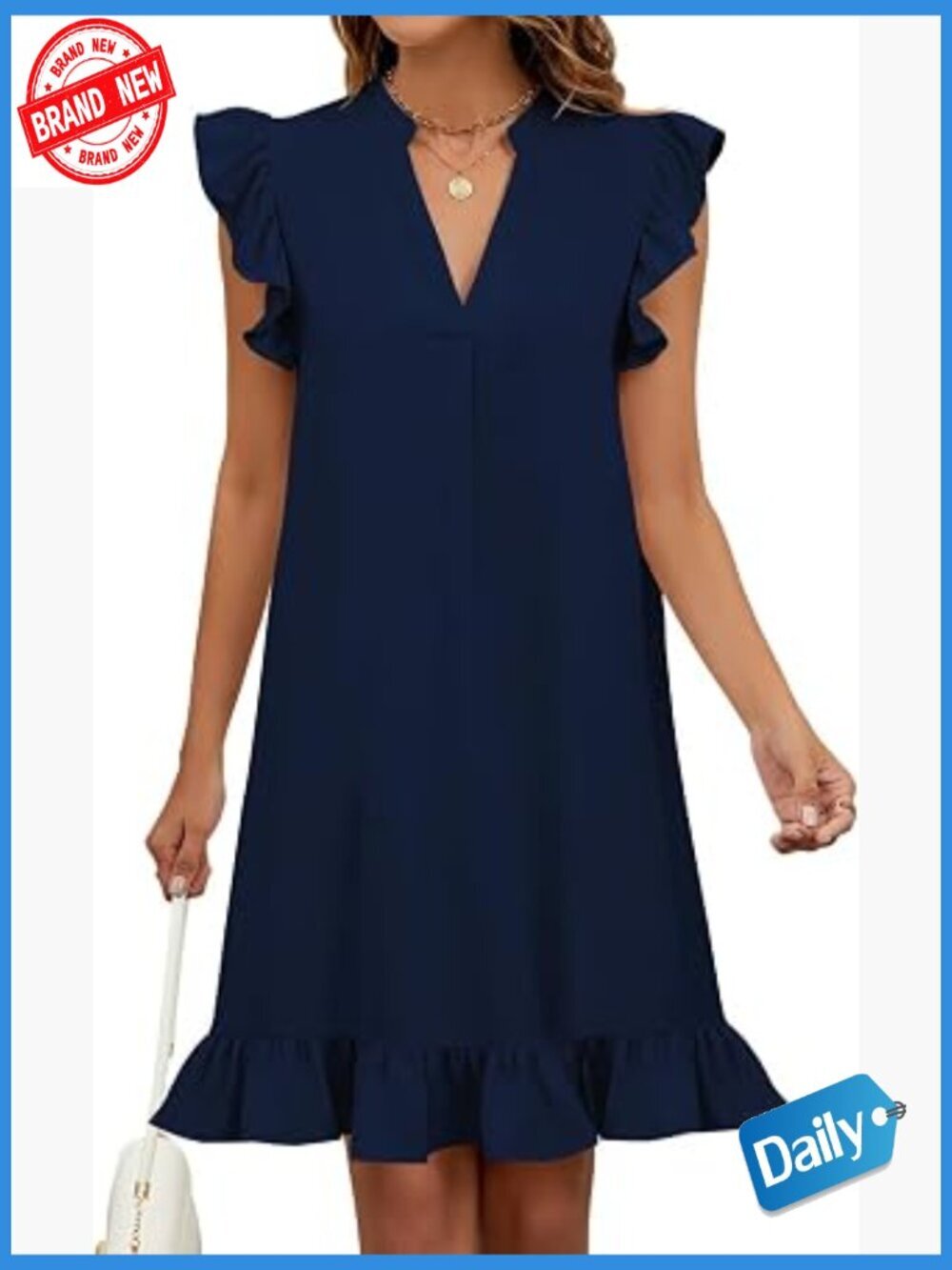 Womens V Neck Cap Sleeve Ruffle Hem Flowy Swing Mini Sundress